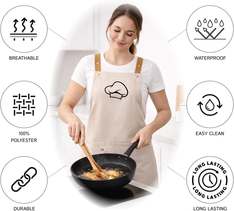 Golden Fork 2 Kitchen Aprons – 100% Water & Oil Proof Adjustable Bib, 2 Pockets, Easy Clean Polyester | Pro Chef Couples Cooking Apron, Unisex Men & Women, BBQ Grilling, Baking & Restaurant - Image 3