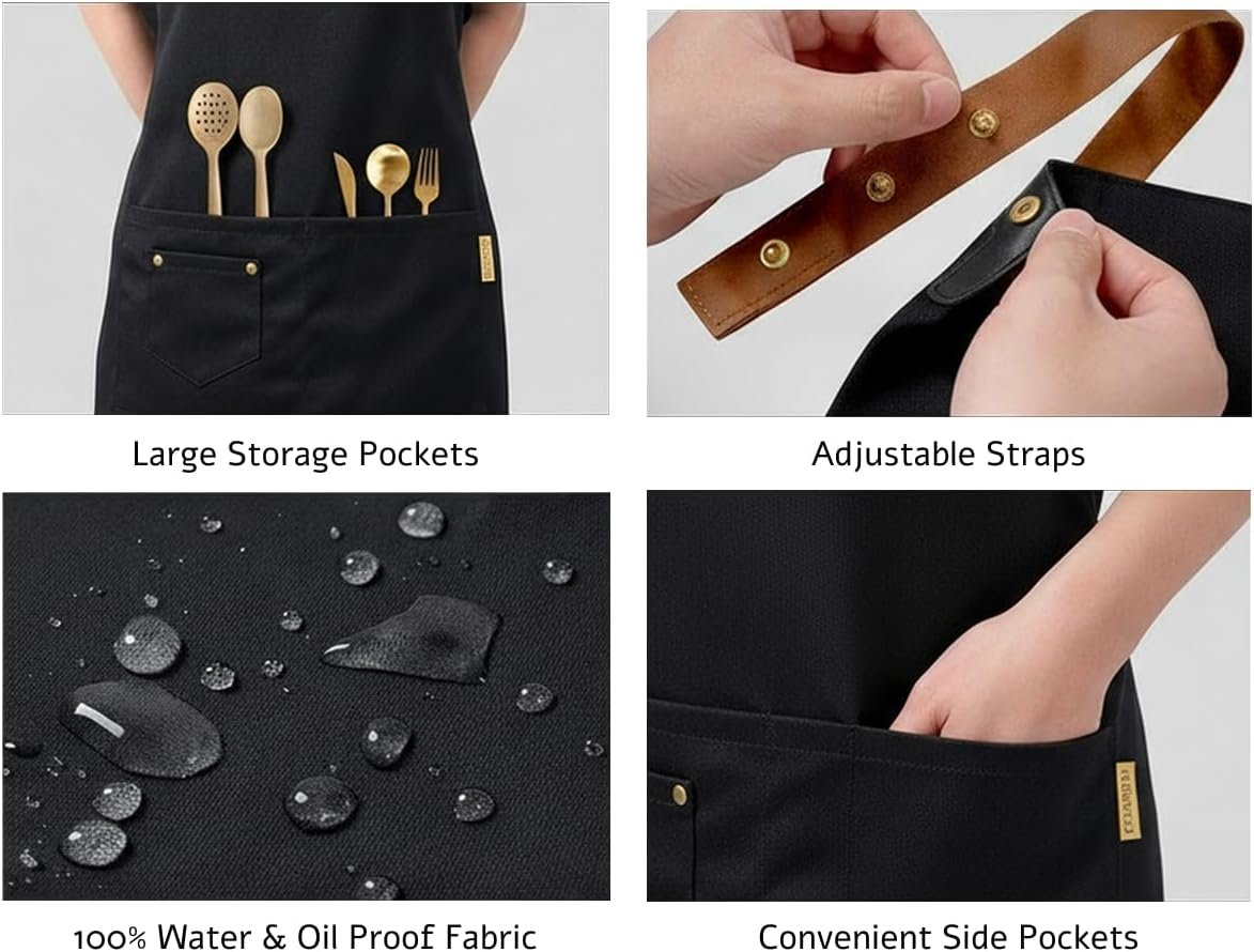 Golden Fork 2 Kitchen Aprons – 100% Water & Oil Proof Adjustable Bib, 2 Pockets, Easy Clean Polyester | Pro Chef Couples Cooking Apron, Unisex Men & Women, BBQ Grilling, Baking & Restaurant - Image 4