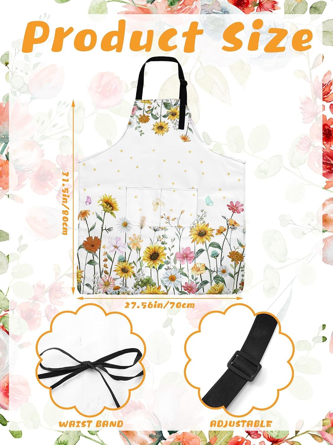 Bencailor 6 Pcs Summer Kitchen Aprons with Pockets Flower Rooster Bee Butterfly Sunflower Spring Aprons Bulk for Women(Bright Color, Flower) - Image 3