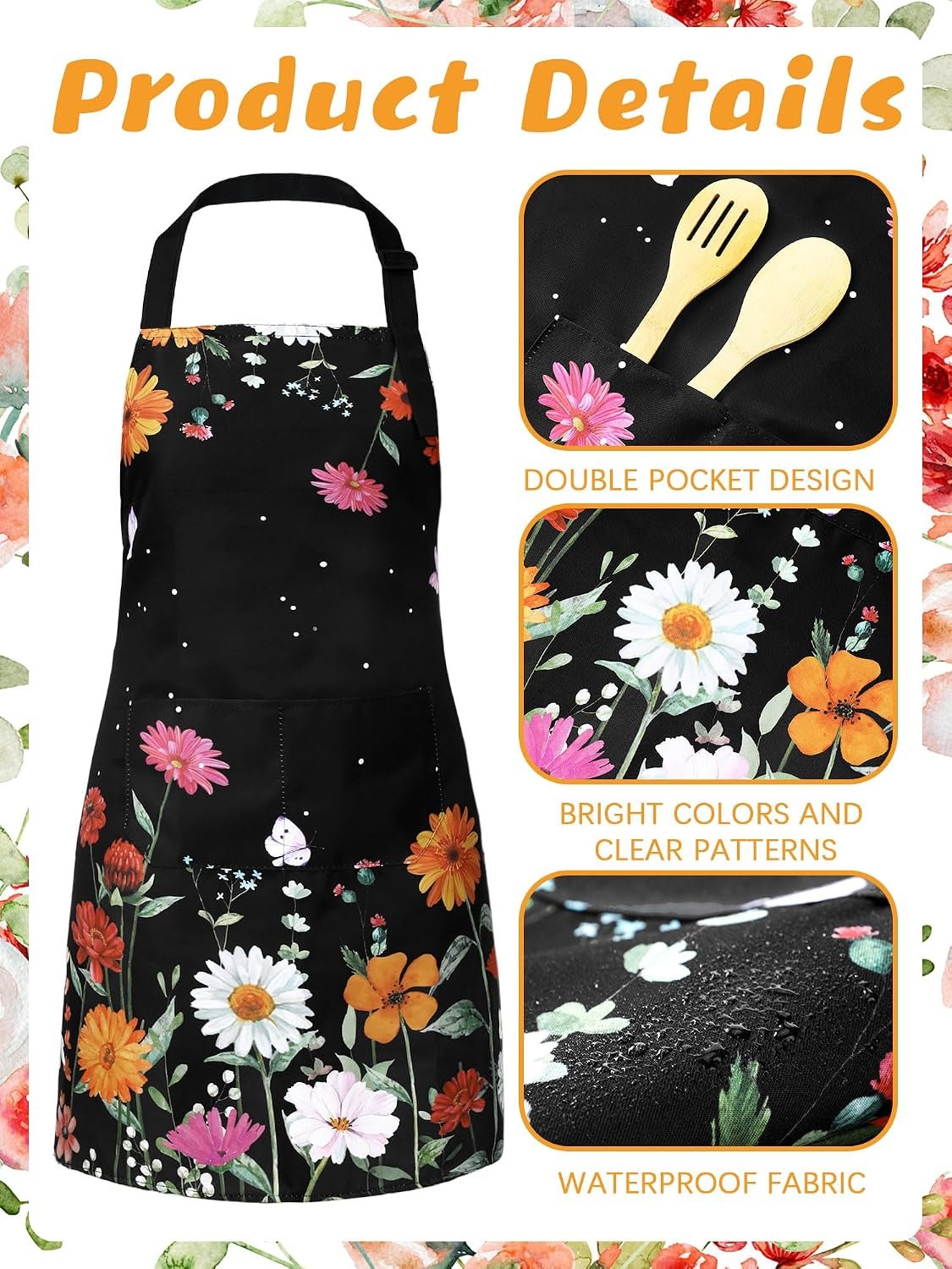 Bencailor 6 Pcs Summer Kitchen Aprons with Pockets Flower Rooster Bee Butterfly Sunflower Spring Aprons Bulk for Women(Bright Color, Flower) - Image 4