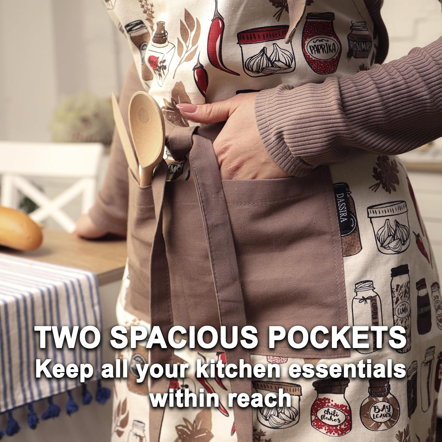 Premium Kitchen Apron and Towel Set 100% Cotton, Woman Apron with Two Pockets, Cute Apron, Barbeque Spice Jars - Image 3