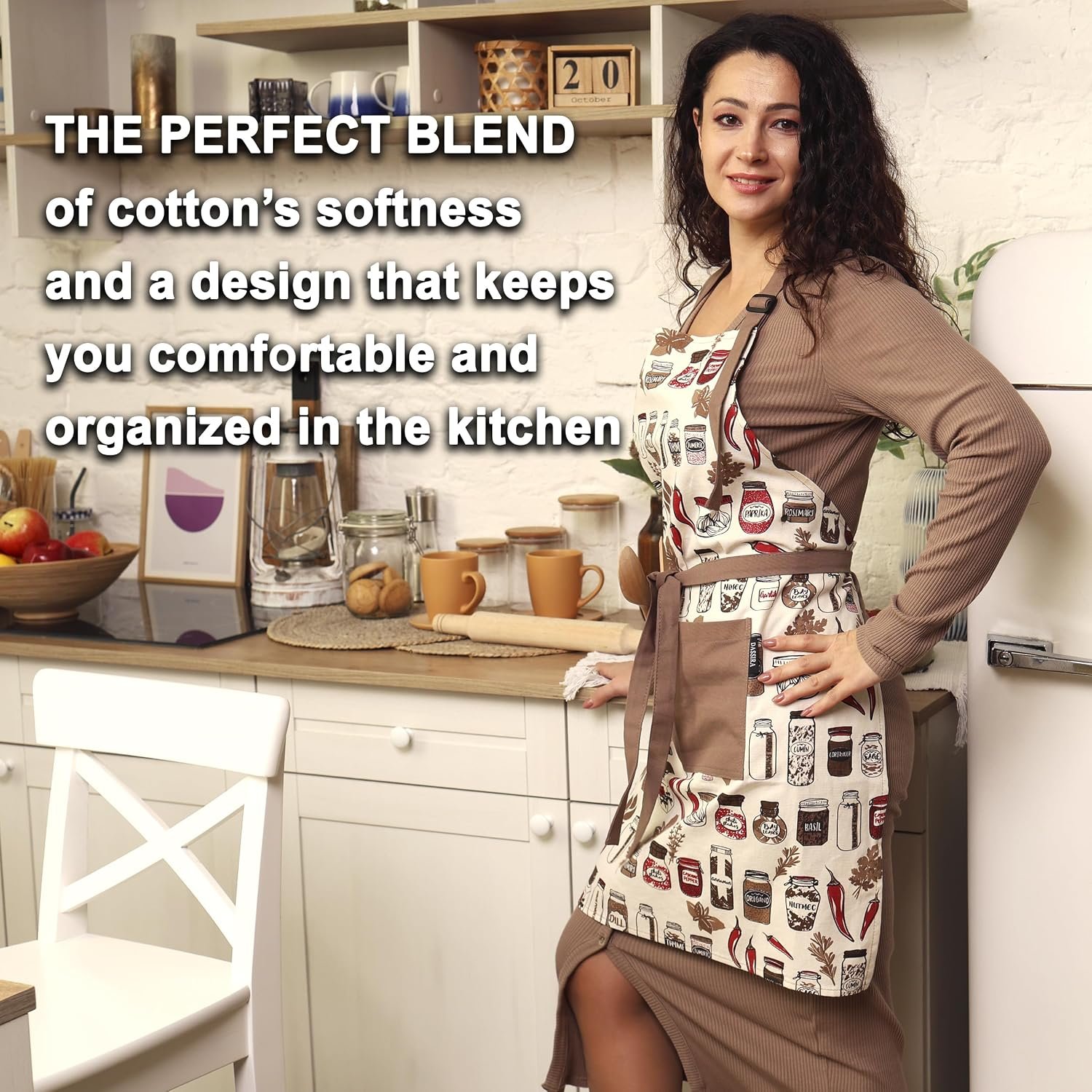 Premium Kitchen Apron and Towel Set 100% Cotton, Woman Apron with Two Pockets, Cute Apron, Barbeque Spice Jars - Image 4