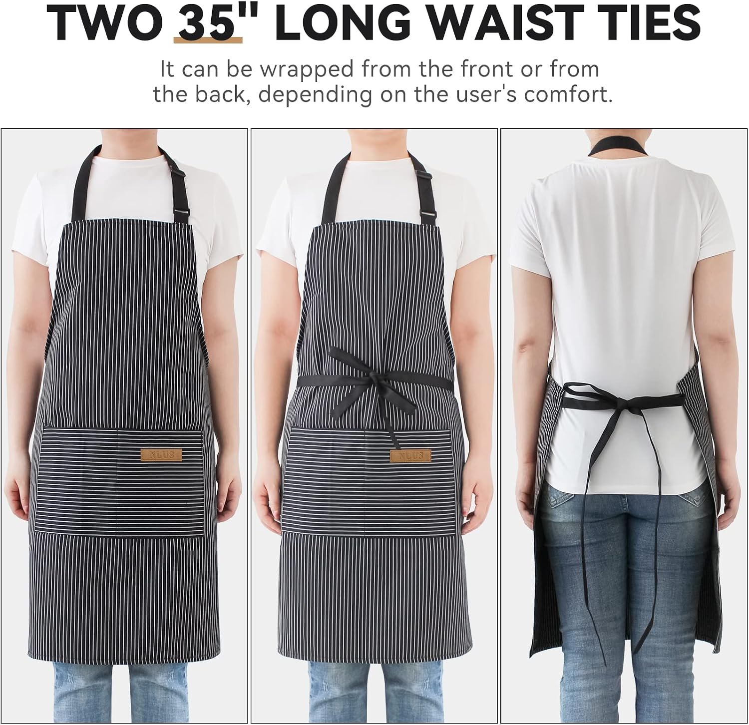 NLUS 2 Pcs Kitchen Cooking Aprons, Poly/Cotton Blend Adjustable Soft Bib Stripe Aprons with 2 Pockets for Women Men Chef (Blue Pinstripes/Black Pinstripes) - Image 4