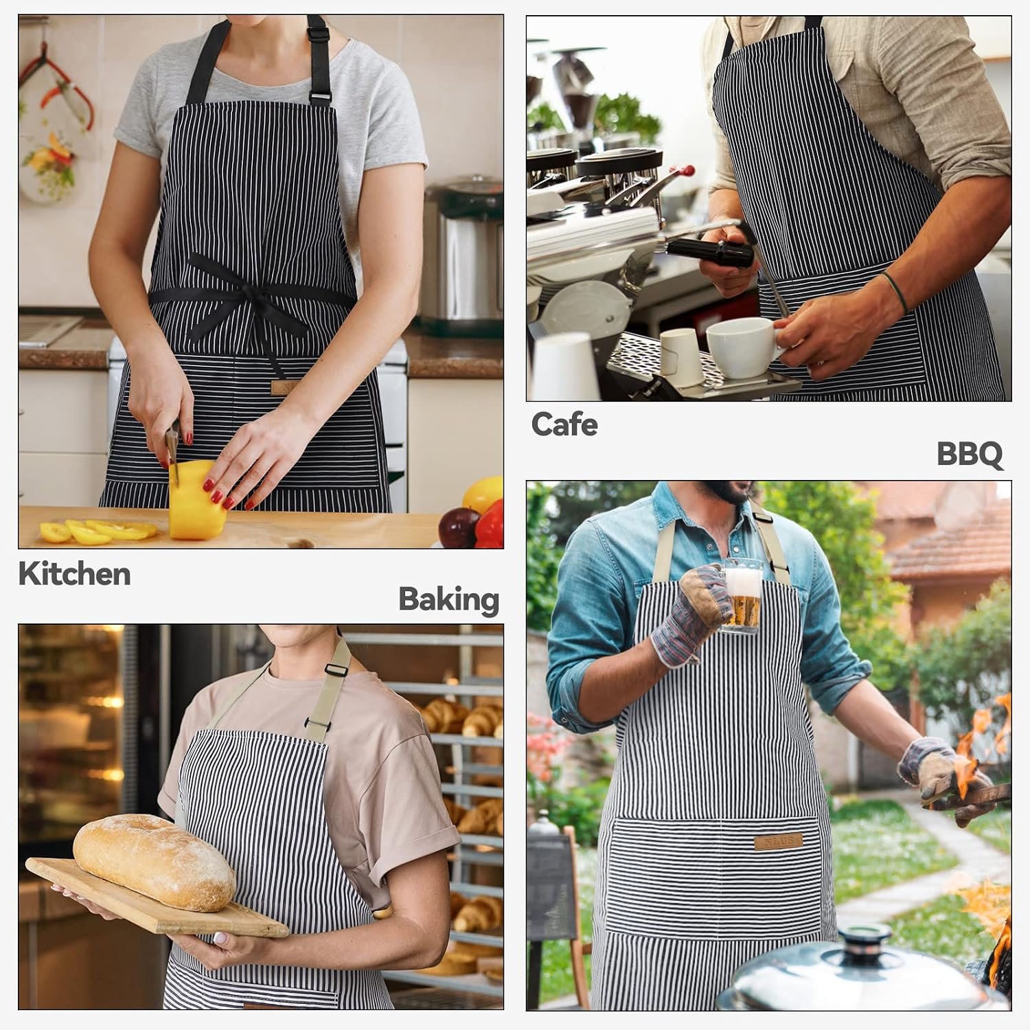 NLUS 2 Pcs Kitchen Cooking Aprons, Poly/Cotton Blend Adjustable Soft Bib Stripe Aprons with 2 Pockets for Women Men Chef (Blue Pinstripes/Black Pinstripes) - Image 7
