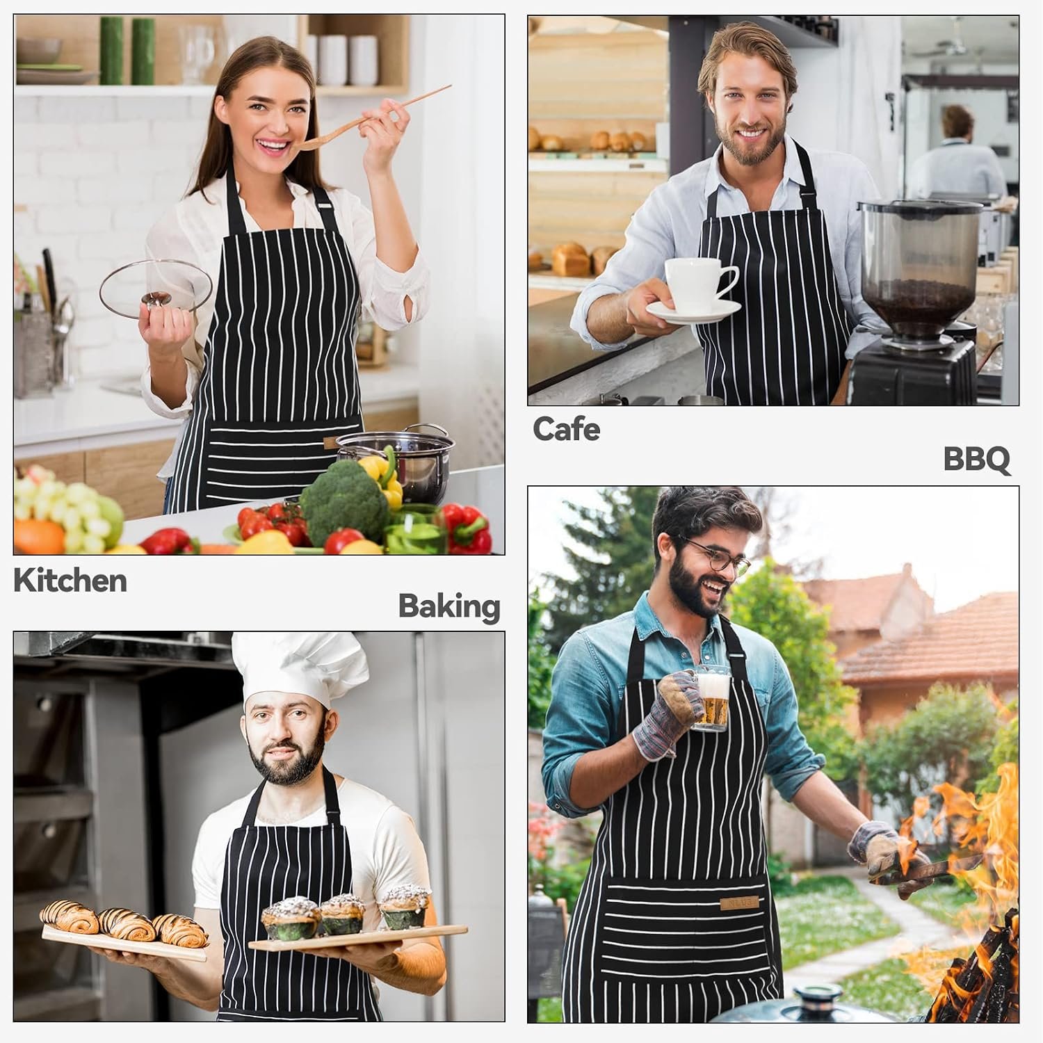 NLUS 2 Pack Cooking Aprons for Women with Pockets Adjustable Kitchen Bib Aprons for Women Men Chef, Black/White Stripe (Classic Black/White Stripes) - Image 6