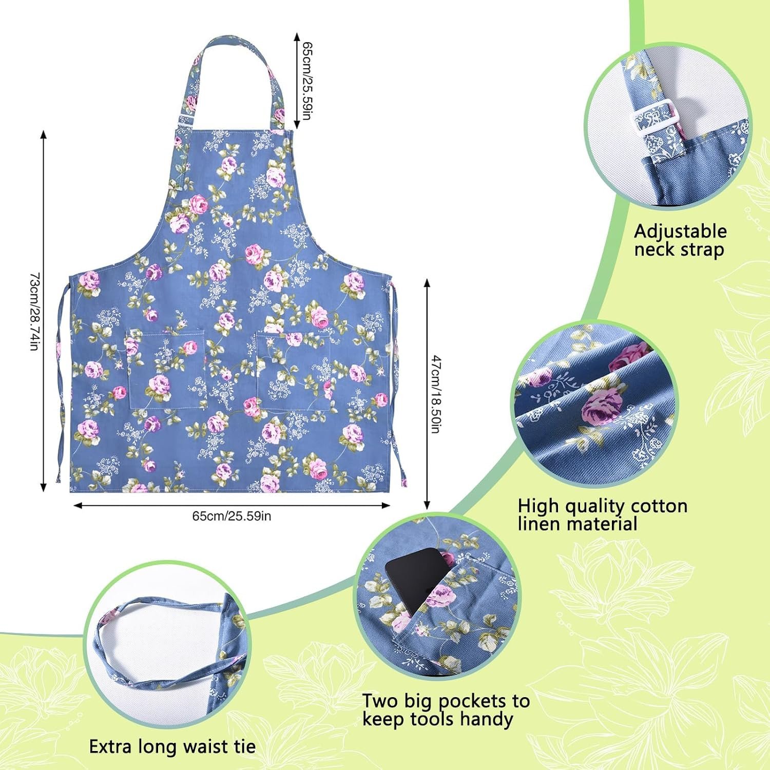2 Pcs Adjustable Kitchen Aprons for Women - Floral Chef Aprons with Big Pockets, Ideal for Cooking, Baking & Gardening (Durable, Machine Washable) - Image 2
