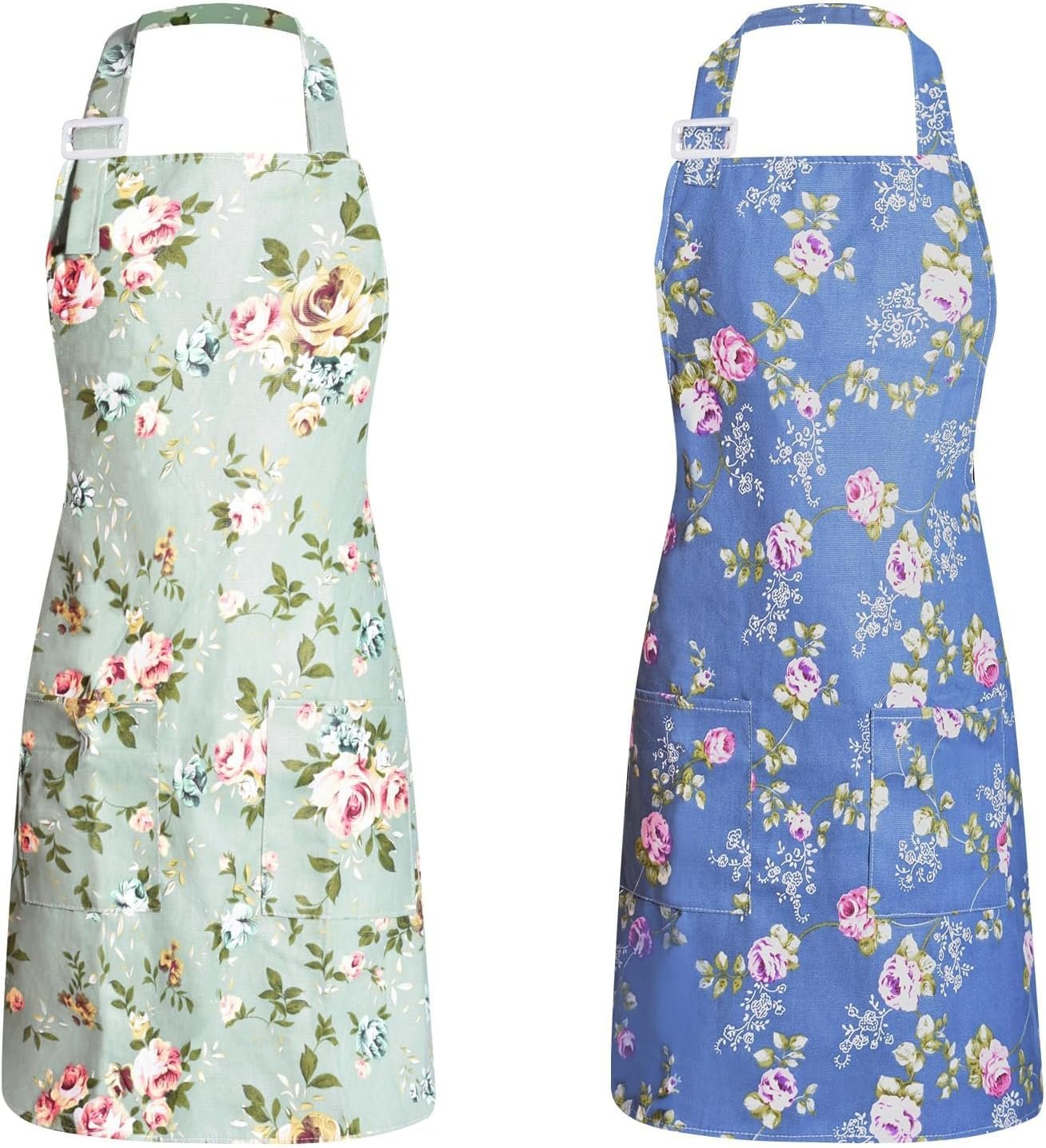 2 Pcs Adjustable Kitchen Aprons for Women - Floral Chef Aprons with Big Pockets, Ideal for Cooking, Baking & Gardening (Durable, Machine Washable)