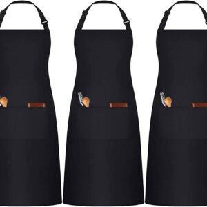 3 Pack Black White Chef Apron, Adjustable Kitchen Apron with 3 Pocket for Men Women Waitress Waiter Serve (Polycotton)