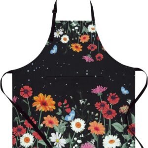 ASPMIZ Floral Apron for Adults, Waterproof Women Apron with 2 Pockets, Flower Cooking Aprons with Adjustable Neck Strap, Kitchen Apron for Washing Dishes, Gifts BBQ Grill 27.5 x 31.5 Inches, Black