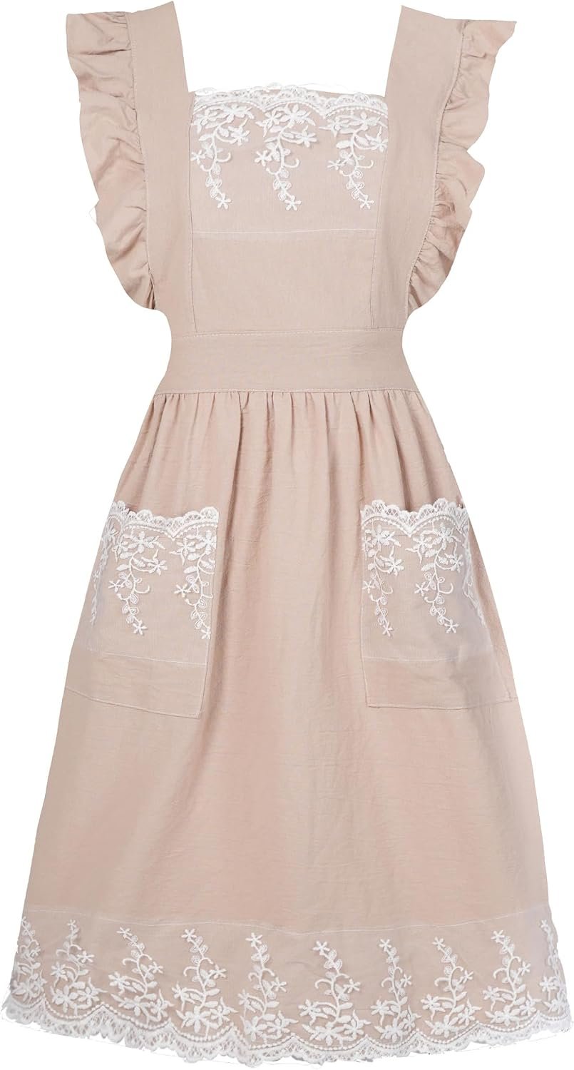 Aoomzoon Vintage Aprons for Women with Pockets Cute Lace Ruffle Adjustable Apron for Cooking Kitchen Baking Gardening