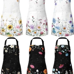 Bencailor 6 Pcs Summer Kitchen Aprons with Pockets Flower Rooster Bee Butterfly Sunflower Spring Aprons Bulk for Women(Bright Color, Flower)