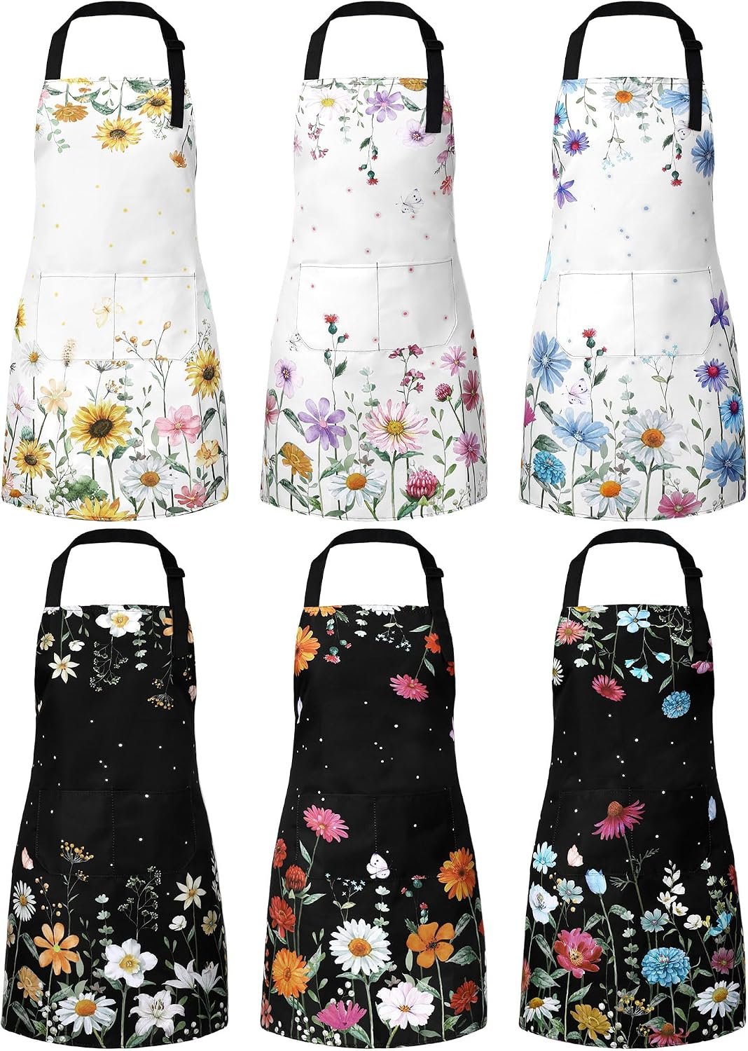 Bencailor 6 Pcs Summer Kitchen Aprons with Pockets Flower Rooster Bee Butterfly Sunflower Spring Aprons Bulk for Women(Bright Color, Flower)