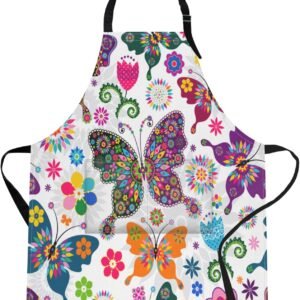 Britimes Butterfly Apron Floral Colorful Butterflies Flowers Aprons Kitchen Cooking Gardening for Women With Pockets