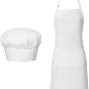 Chef Hat and Apron, White Aprons and Chefs Hat Set for Women and Men, Adjustable Bib Aprons with Pockets Chef Costume Apron for Father Kitchen Cooking