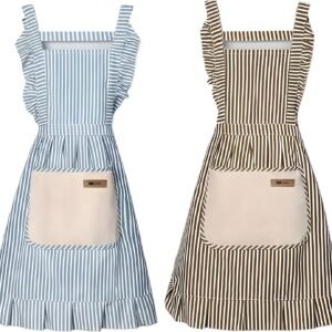 Cotton Kitchen Cooking Aprons,Vest Adjustable Bib Soft Chef Stripes Apron Two pockets with wide for Men Women