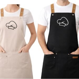 Golden Fork 2 Kitchen Aprons – 100% Water & Oil Proof Adjustable Bib, 2 Pockets, Easy Clean Polyester | Pro Chef Couples Cooking Apron, Unisex Men & Women, BBQ Grilling, Baking & Restaurant