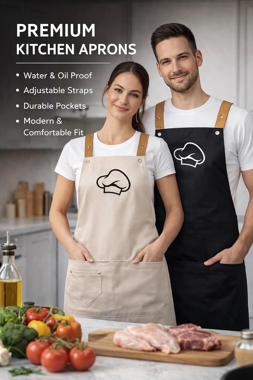 Golden Fork 2 Kitchen Aprons – 100% Water & Oil Proof Adjustable Bib, 2 Pockets, Easy Clean Polyester | Pro Chef Couples Cooking Apron, Unisex Men & Women, BBQ Grilling, Baking & Restaurant - Image 2