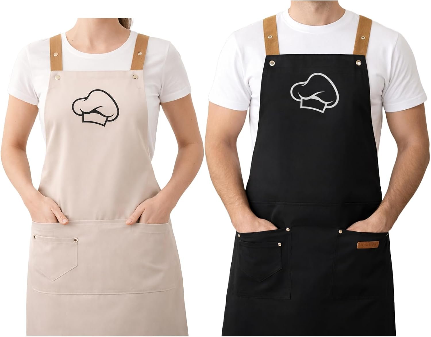 Golden Fork 2 Kitchen Aprons – 100% Water & Oil Proof Adjustable Bib, 2 Pockets, Easy Clean Polyester | Pro Chef Couples Cooking Apron, Unisex Men & Women, BBQ Grilling, Baking & Restaurant