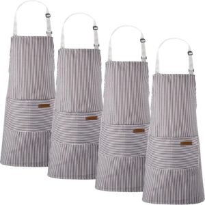 Handepo 4 Pcs Kitchen Aprons with Pockets Adjustable Waterproof Cotton Aprons Striped Apron for Women Men Chef Gift for Dad