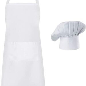 Hyzrz Chef Apron Hat Set, Chef Hat and Adult Kitchen Pocket Adjustable Apron with Butcher Hat Baker Costume for Men and Women Father's Gift (White)