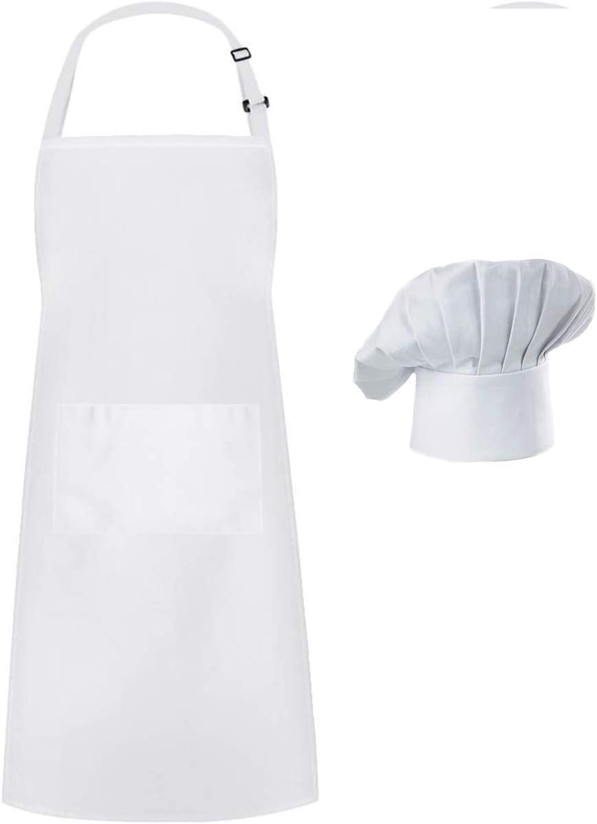 Hyzrz Chef Apron Hat Set, Chef Hat and Adult Kitchen Pocket Adjustable Apron with Butcher Hat Baker Costume for Men and Women Father's Gift (White)