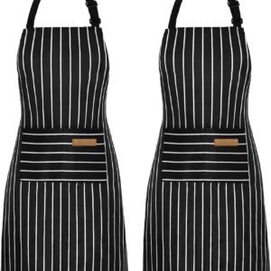 NLUS 2 Pack Cooking Aprons for Women with Pockets Adjustable Kitchen Bib Aprons for Women Men Chef, Black/White Stripe (Classic Black/White Stripes)