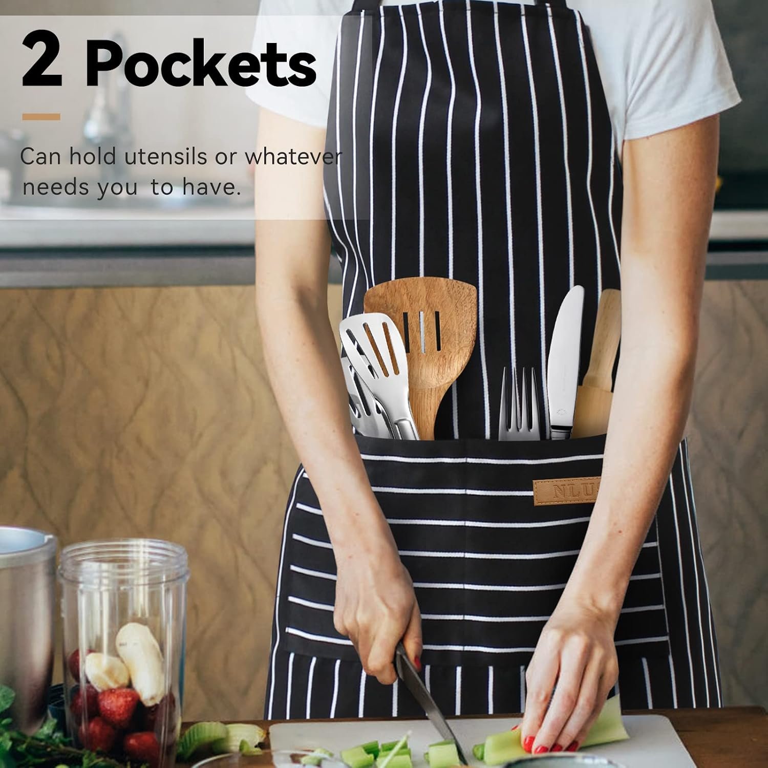 NLUS 2 Pack Cooking Aprons for Women with Pockets Adjustable Kitchen Bib Aprons for Women Men Chef, Black/White Stripe (Classic Black/White Stripes) - Image 2