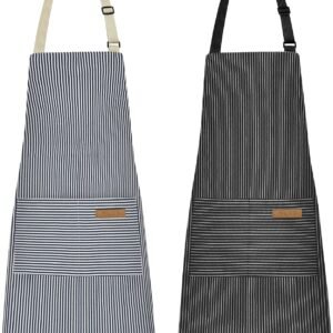 NLUS 2 Pcs Kitchen Cooking Aprons, Poly/Cotton Blend Adjustable Soft Bib Stripe Aprons with 2 Pockets for Women Men Chef (Blue Pinstripes/Black Pinstripes)