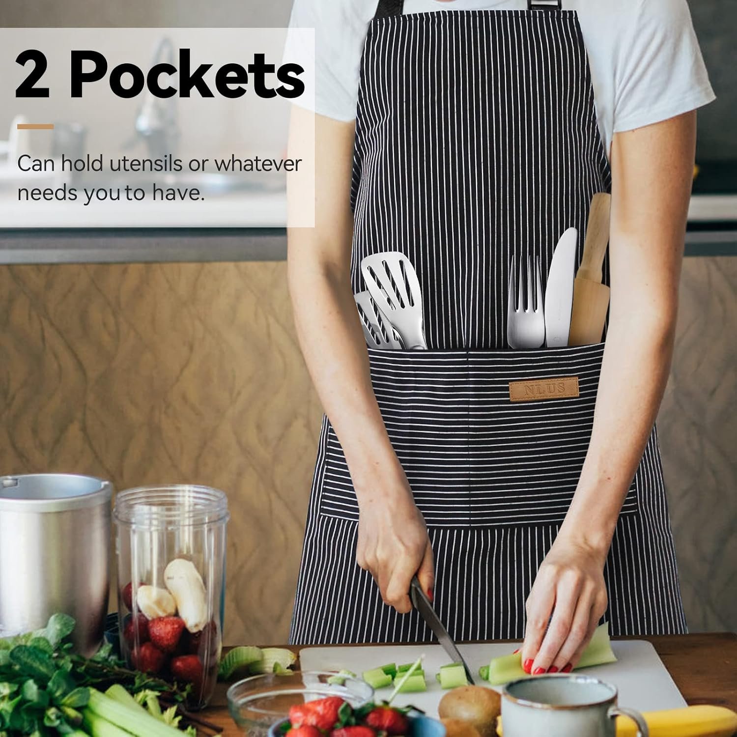 NLUS 2 Pcs Kitchen Cooking Aprons, Poly/Cotton Blend Adjustable Soft Bib Stripe Aprons with 2 Pockets for Women Men Chef (Blue Pinstripes/Black Pinstripes) - Image 2