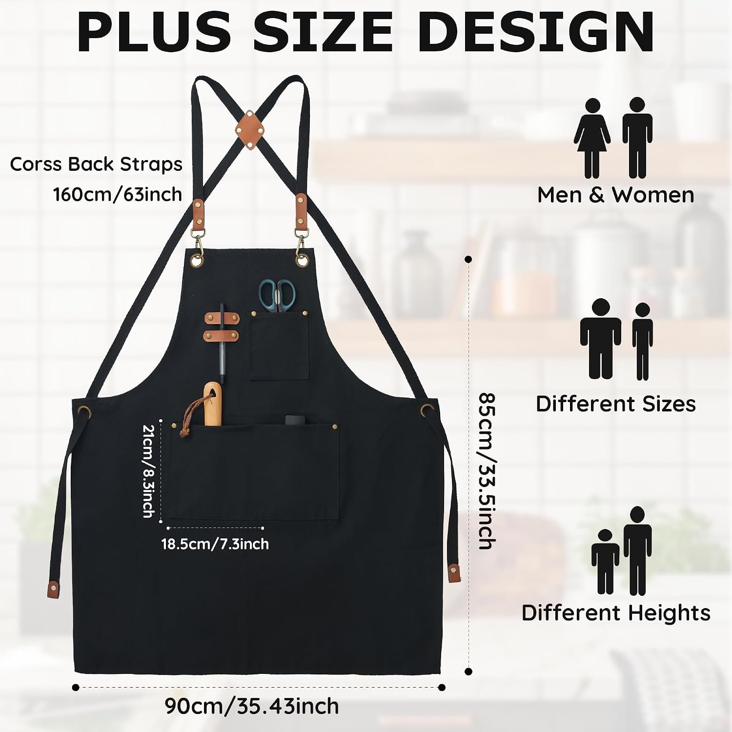 Plus Size Canvas Aprons, Kitchen Chef Aprons, Unisex Heavy Duty Work Apron, Adjustable Strap Apron with Pockets - Image 2