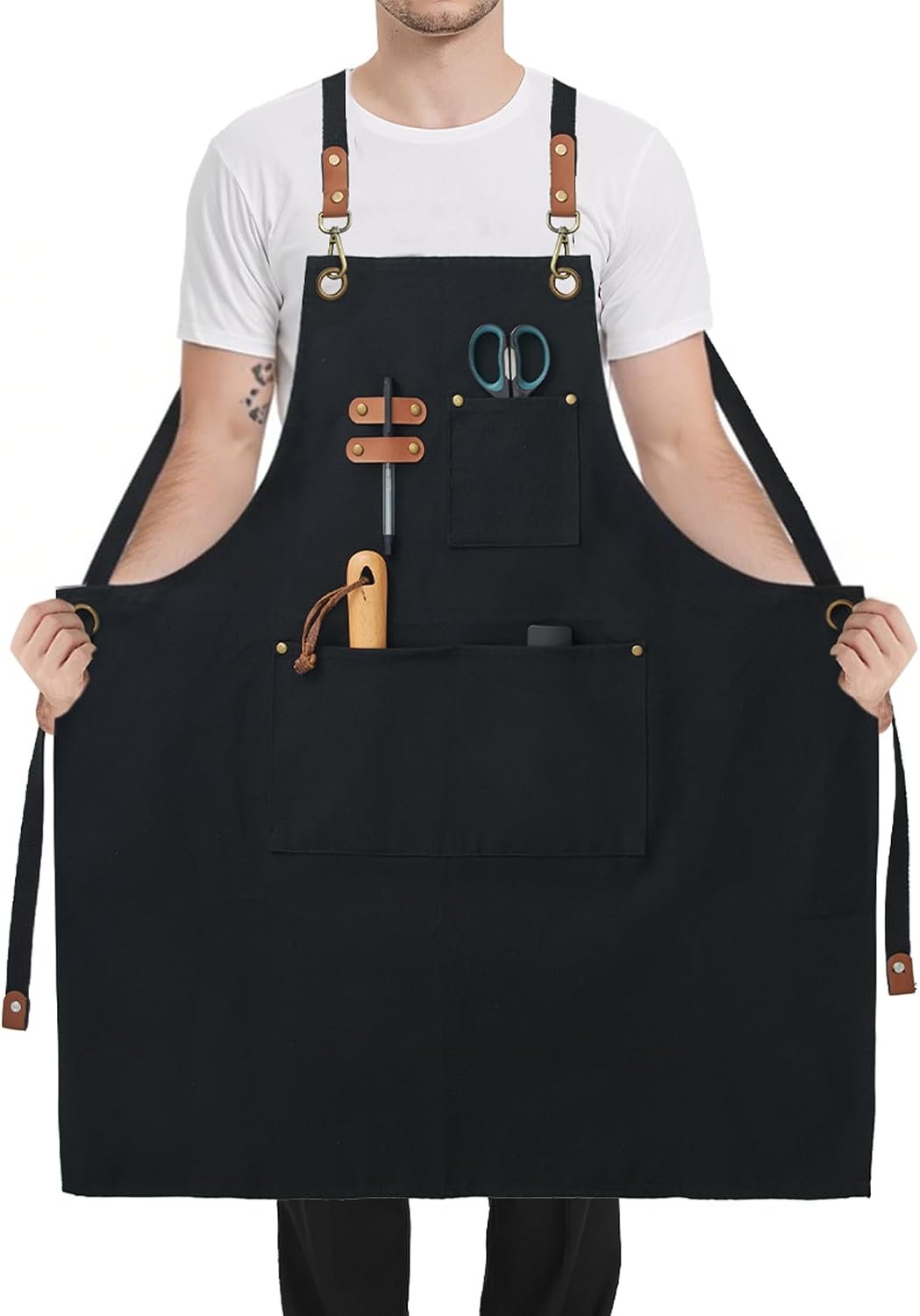 Plus Size Canvas Aprons, Kitchen Chef Aprons, Unisex Heavy Duty Work Apron, Adjustable Strap Apron with Pockets