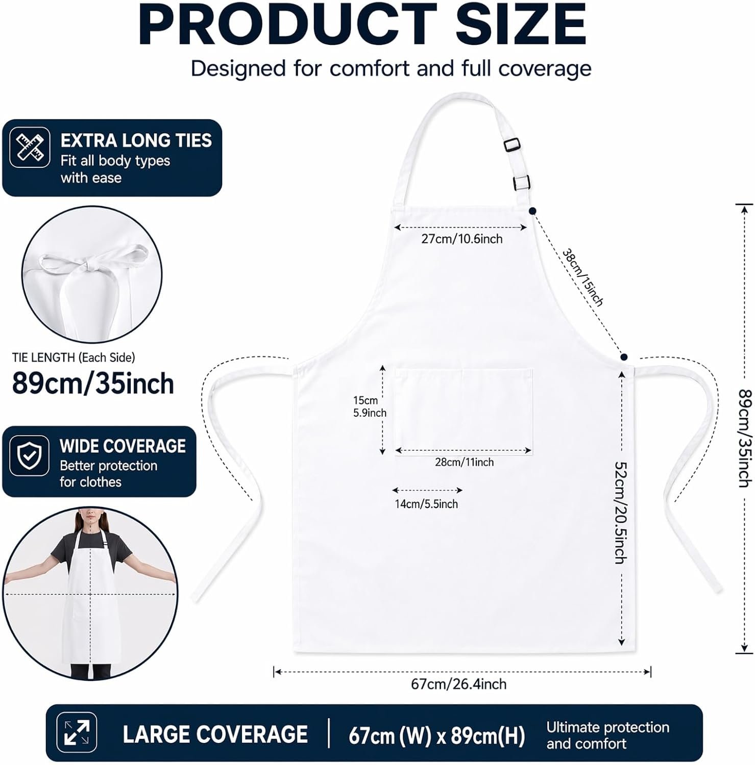 Polyester White/Black Bib Apron - 2 Large Pockets Women Aprons for Kitchen, Baking, Painting, and Halloween - Image 2