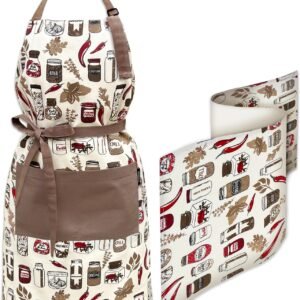 Premium Kitchen Apron and Towel Set 100% Cotton, Woman Apron with Two Pockets, Cute Apron, Barbeque Spice Jars