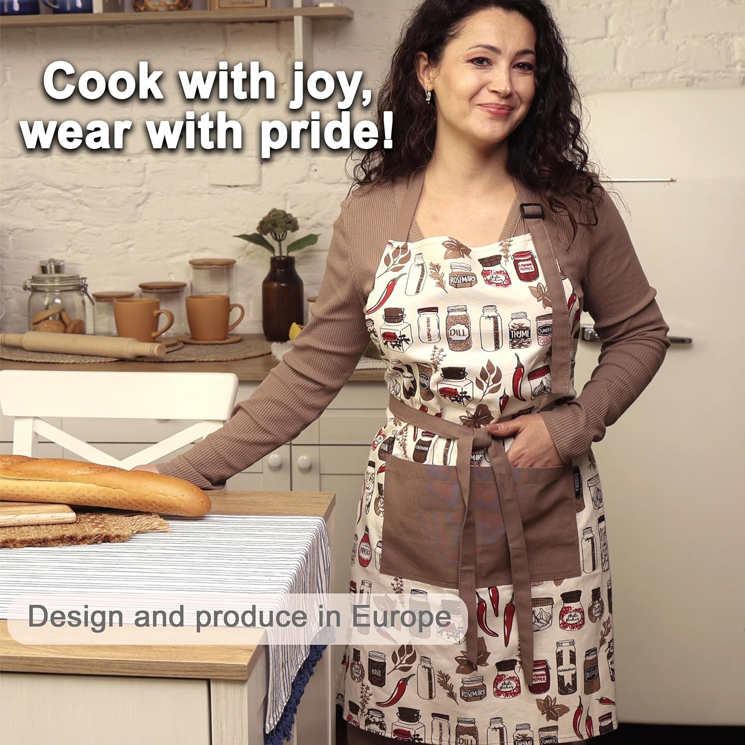 Premium Kitchen Apron and Towel Set 100% Cotton, Woman Apron with Two Pockets, Cute Apron, Barbeque Spice Jars - Image 2