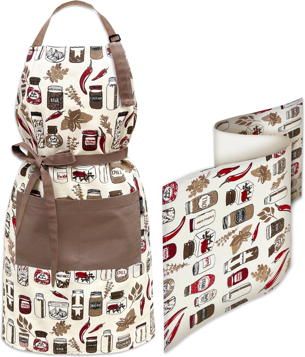 Premium Kitchen Apron and Towel Set 100% Cotton, Woman Apron with Two Pockets, Cute Apron, Barbeque Spice Jars
