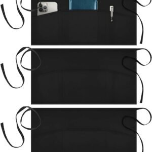 Syntus 3 Pack Server Aprons with 3 Pockets, 100% Cotton Waitress Waiter Waist Apron, 11.5-inch Black