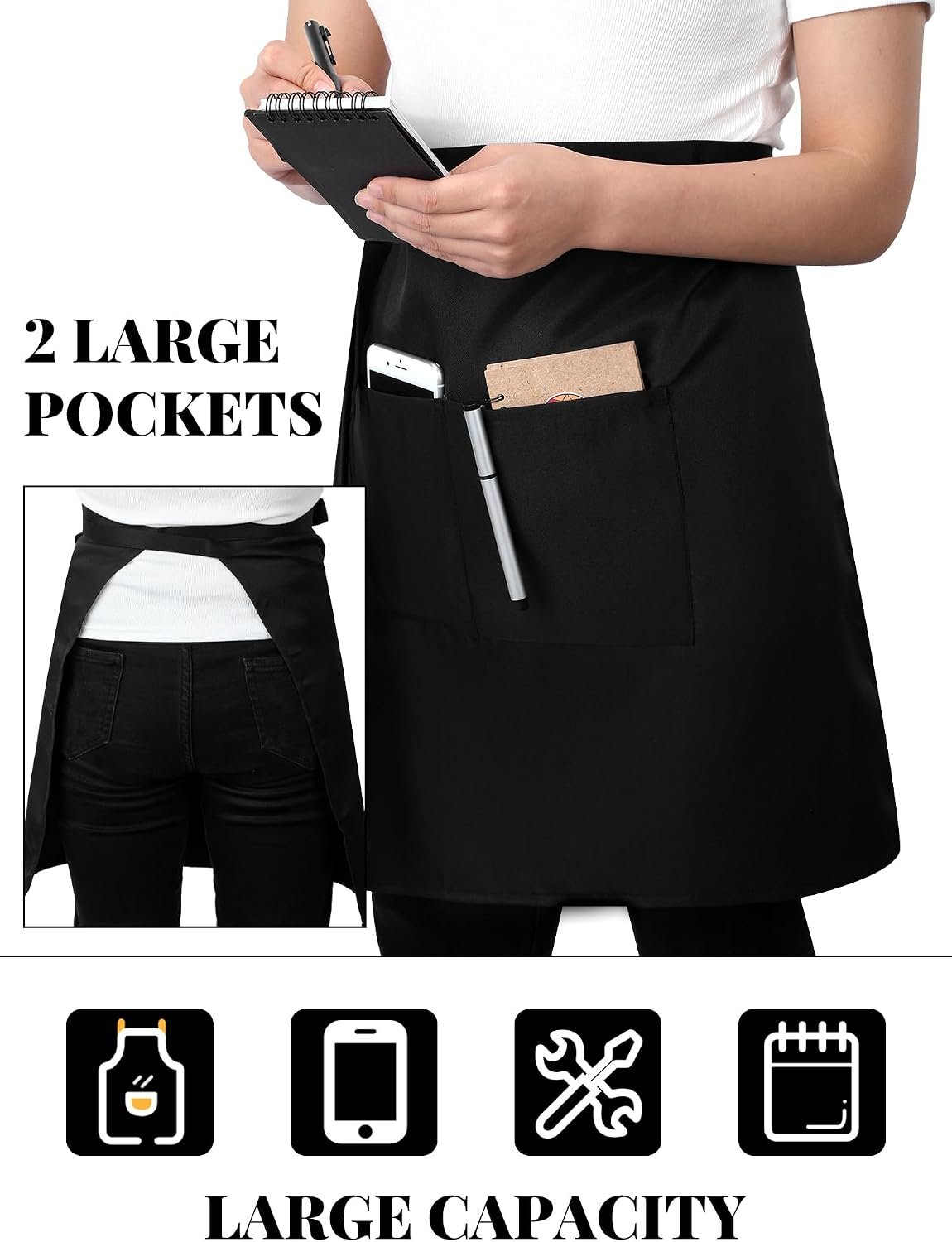 Twistover 5 Pack Half Bistro Aprons with 2 Pockets Unisex Black Server Apron with Extra Long Front Waist Ties for Men Women - Image 2