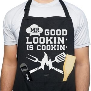 VAGAVY 100% Cotton, Black Funny Aprons for Men, Dad, Husband - Birthday, Father’s Day Grilling Gifts for Papa, Husband.