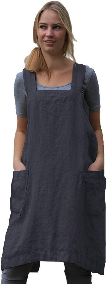 WROLEM Women's Cross Back Pinafore Apron with Large Pockets Home Kitchen, Restaurant, Coffee house,Cooking Gardening Works