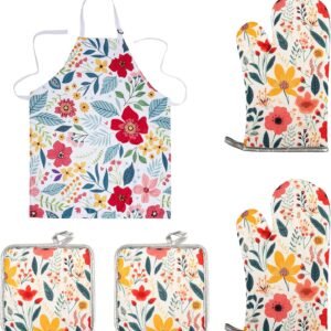 5 Pcs Kitchen Stuff Accessories, Kitchen Oven Mitts and Pot Holders Sets with Cooking Kitchen Aprons for Women,Gifts for Women
