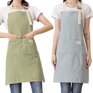 Apron with 2 Pockets, 2 Pack Cooking Kitchen Aprons, Bib Chef Apron | Cooking Apron for Men and Women, Adjustable Cotton Linen Apron for Kitchen, Cooking, Baking, BBQ, Grill(Blue/Green)
