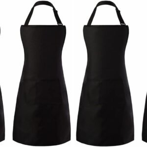 Tosewever 4 Pack Adjustable Bib Apron Waterdrop Resistant Apron with Pocket, Cooking Kitchen Restaurant Aprons for Women Men Chef, BBQ Drawing Crafting Outdoors (Polyester-Black, 4)