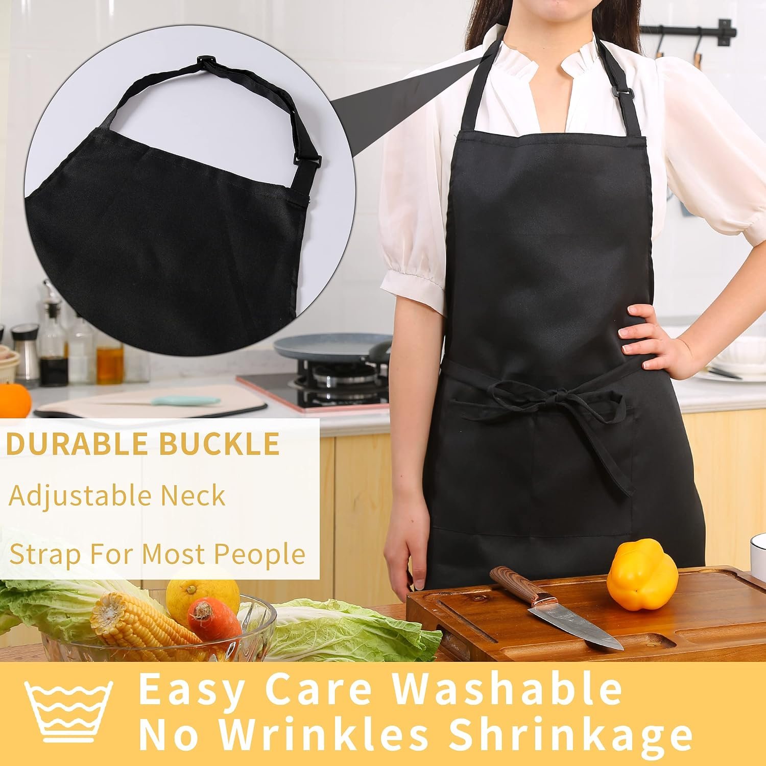 Tosewever 4 Pack Adjustable Bib Apron Waterdrop Resistant Apron with Pocket, Cooking Kitchen Restaurant Aprons for Women Men Chef, BBQ Drawing Crafting Outdoors (Polyester-Black, 4) - Image 2