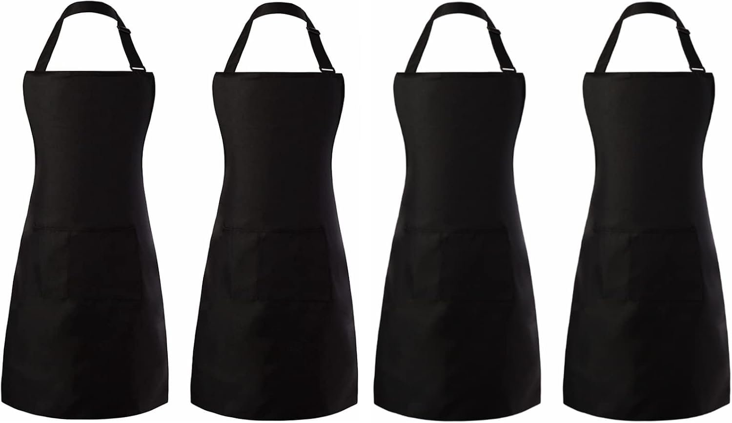 Tosewever 4 Pack Adjustable Bib Apron Waterdrop Resistant Apron with Pocket, Cooking Kitchen Restaurant Aprons for Women Men Chef, BBQ Drawing Crafting Outdoors (Polyester-Black, 4)