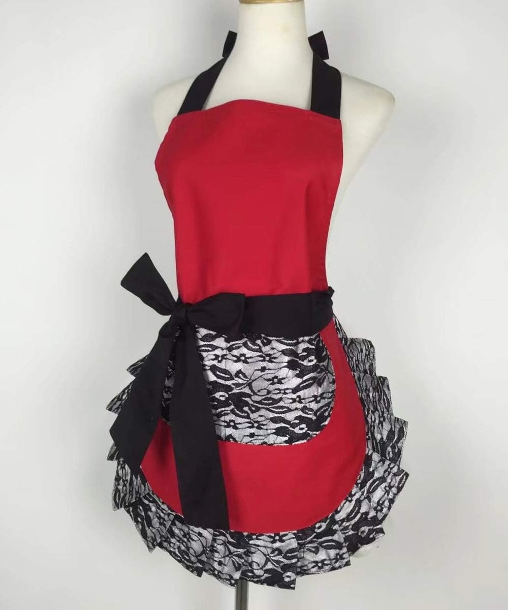 Hyzrz Cute Lace Flirty Apron with Pocket, Fun Retro Sexy Cooking Pinup Aprons for Women Girls (Red) - Image 3
