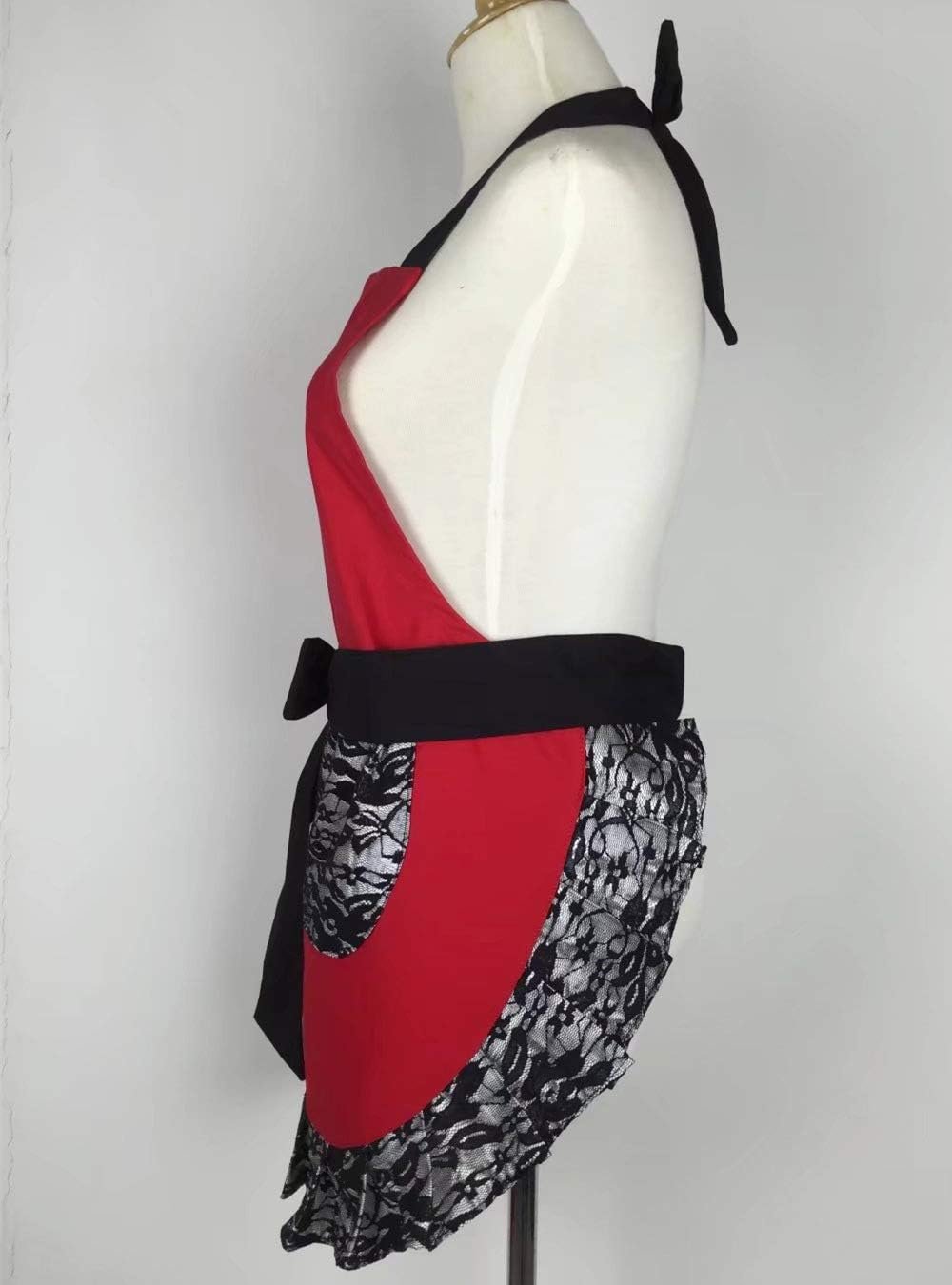 Hyzrz Cute Lace Flirty Apron with Pocket, Fun Retro Sexy Cooking Pinup Aprons for Women Girls (Red) - Image 4
