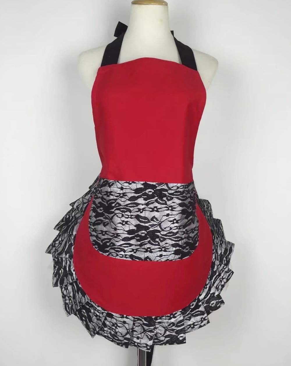 Hyzrz Cute Lace Flirty Apron with Pocket, Fun Retro Sexy Cooking Pinup Aprons for Women Girls (Red) - Image 6