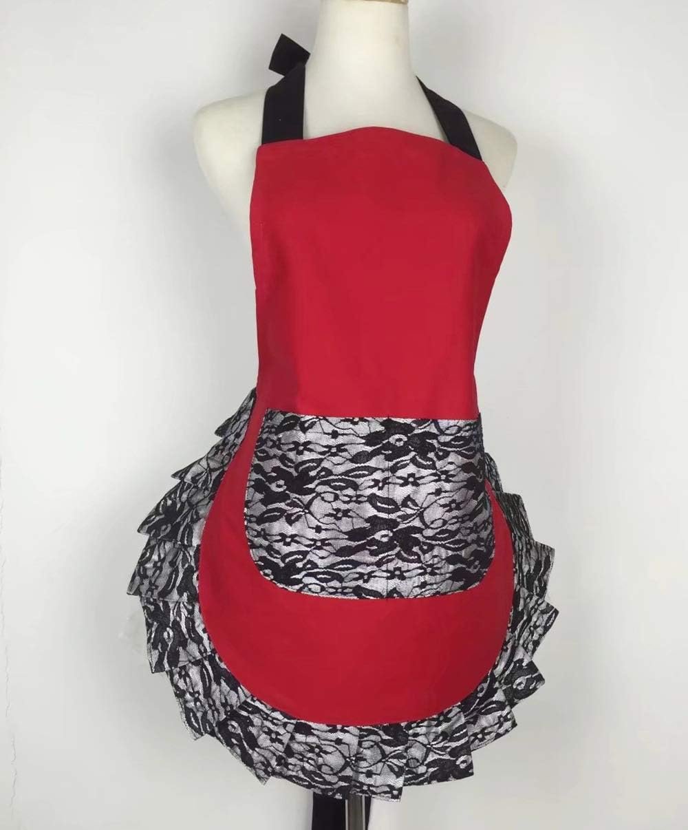 Hyzrz Cute Lace Flirty Apron with Pocket, Fun Retro Sexy Cooking Pinup Aprons for Women Girls (Red) - Image 7