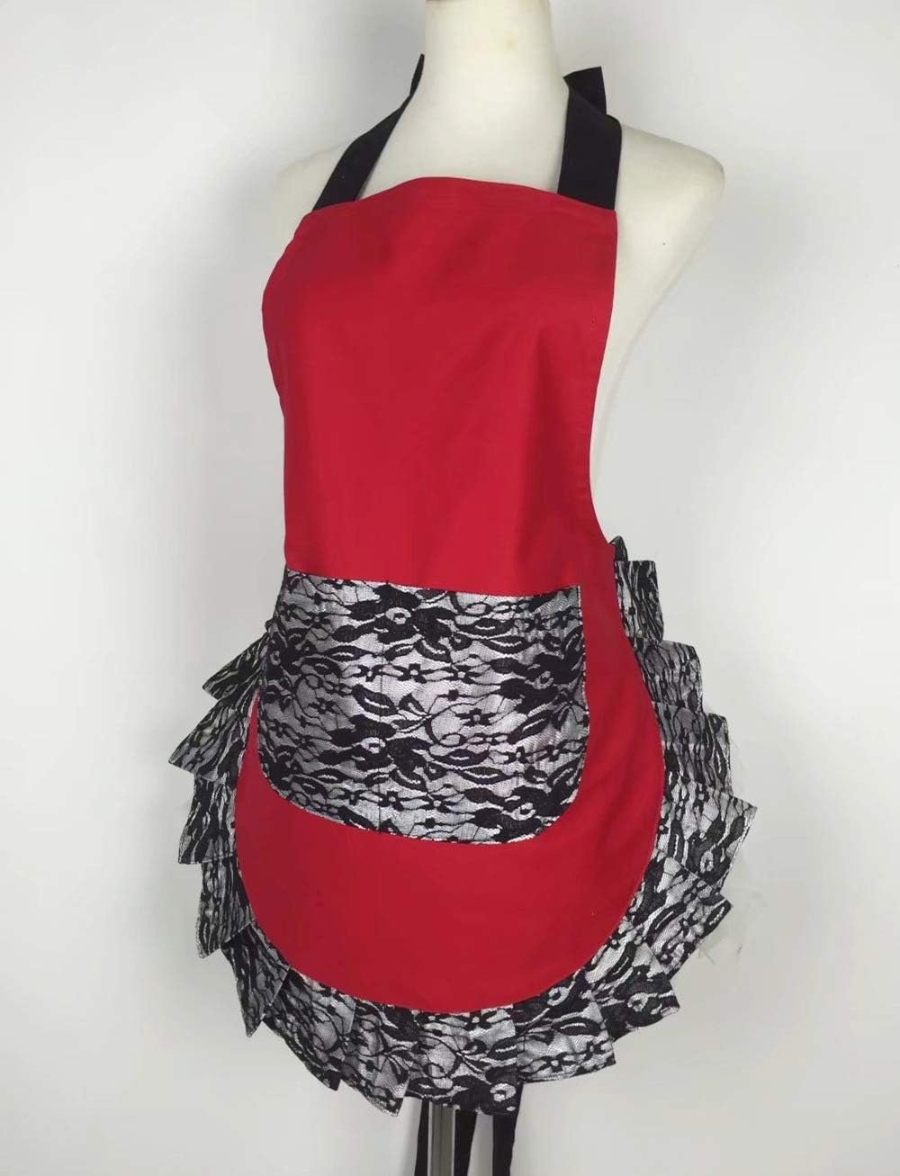 Hyzrz Cute Lace Flirty Apron with Pocket, Fun Retro Sexy Cooking Pinup Aprons for Women Girls (Red) - Image 8