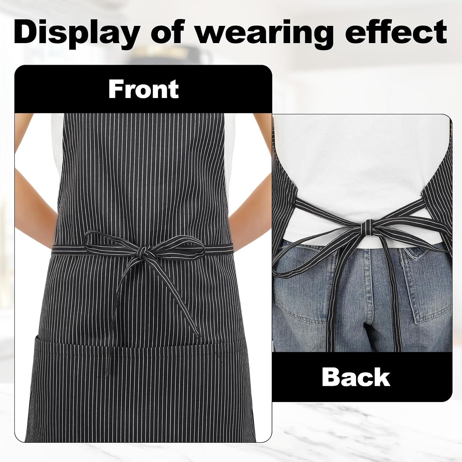 2 Pack Unisex Chef Apron Stripes Kitchen Aprons with 3 Pockets - Image 3